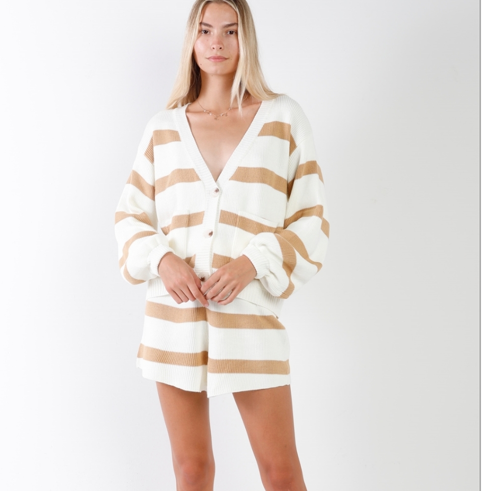 Ivory Camel Striped Oversized Knit Cardigan Shorts